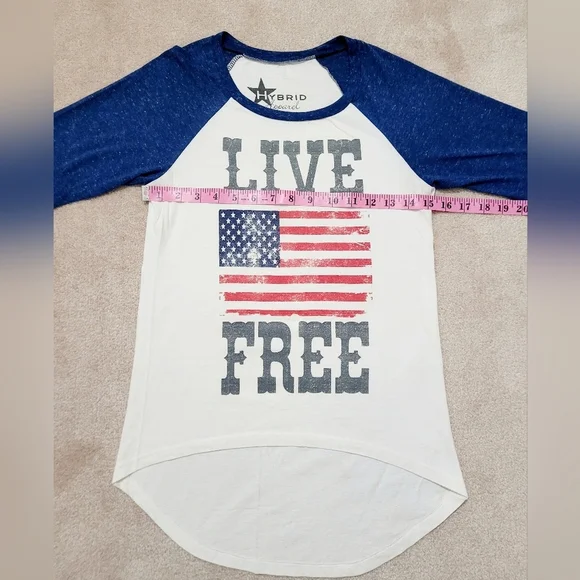 Hybrid Apparel Raglan 3/4 Sleeve T-shirt 100% Cotton LIVE FREE FLAG Women Size S - Picture 5 of 9